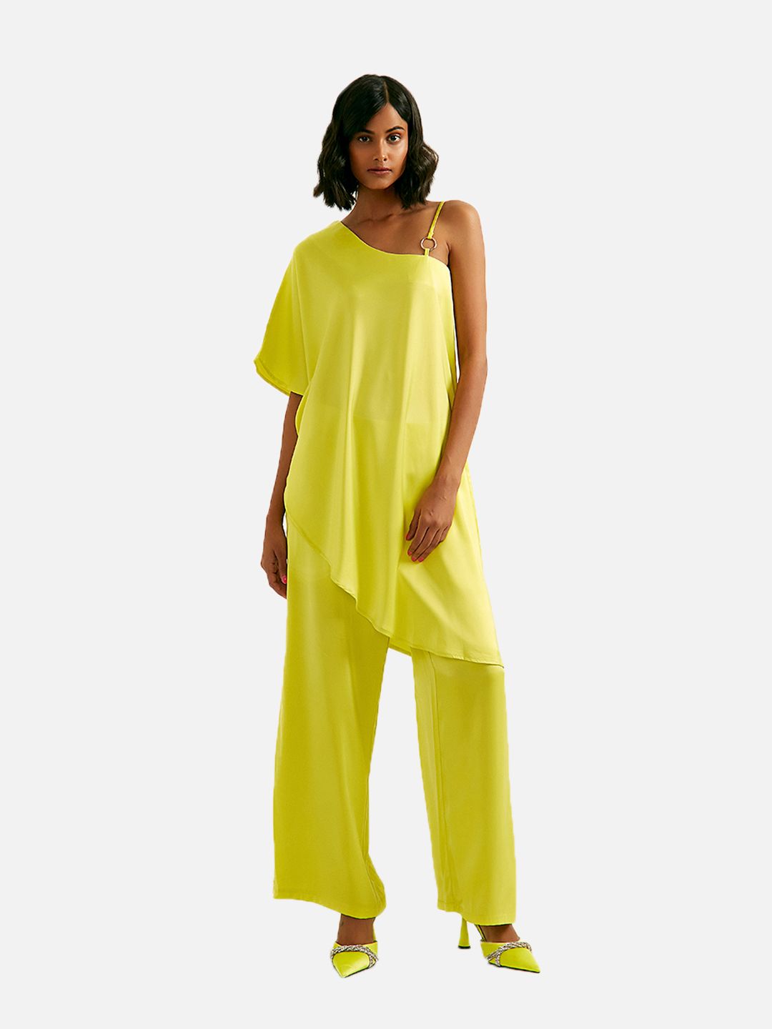 COVER STORY Women Yellow One Shoulder Extended Sleeves High-Low Longline Top Price in India