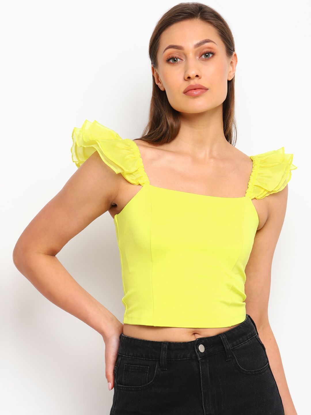 COVER STORY Yellow Flutter Sleeves Crop Top Price in India