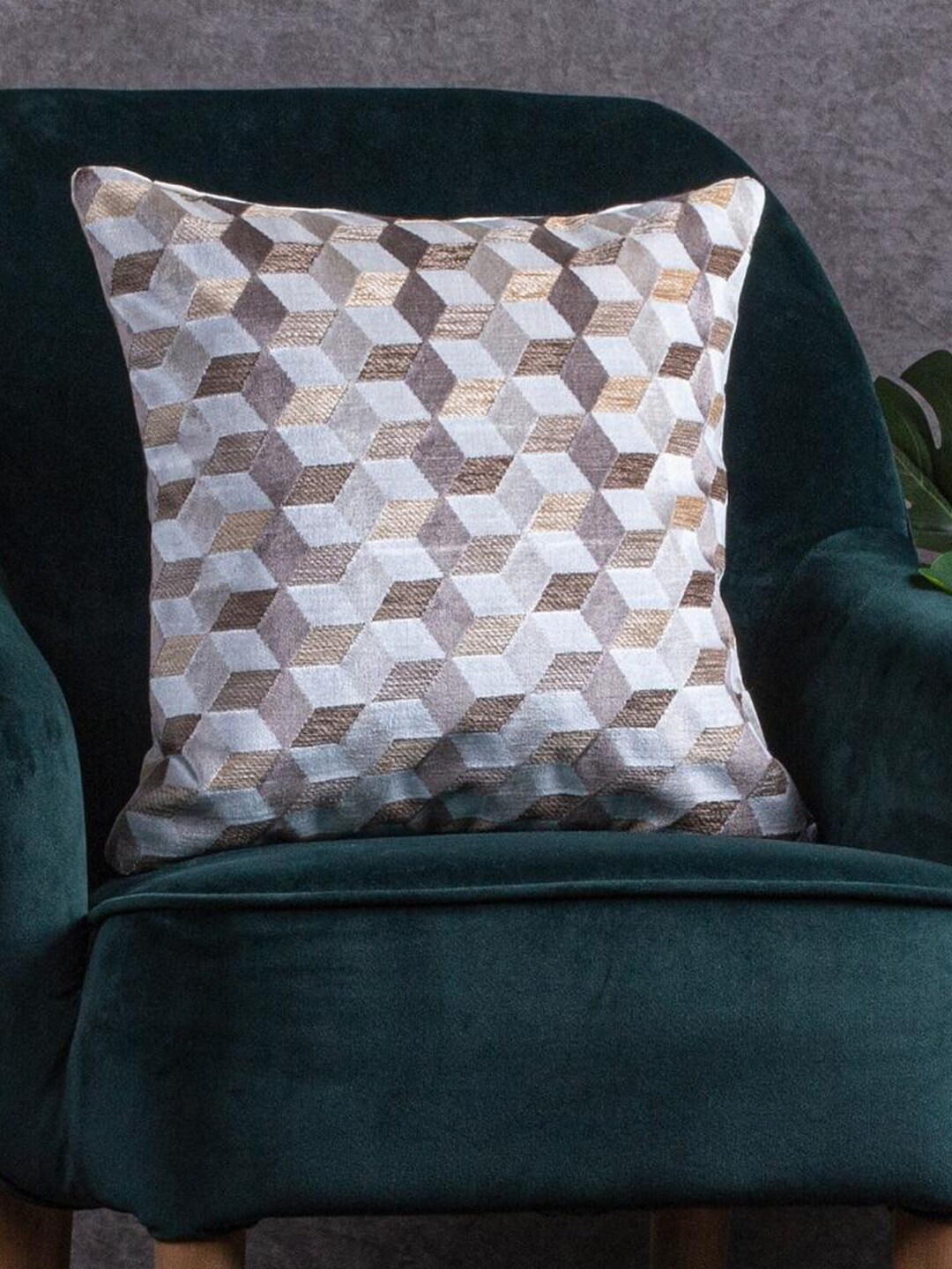 Just Home Brown & White Geometric Jacquard Velvet Square Cushion Cover Price in India