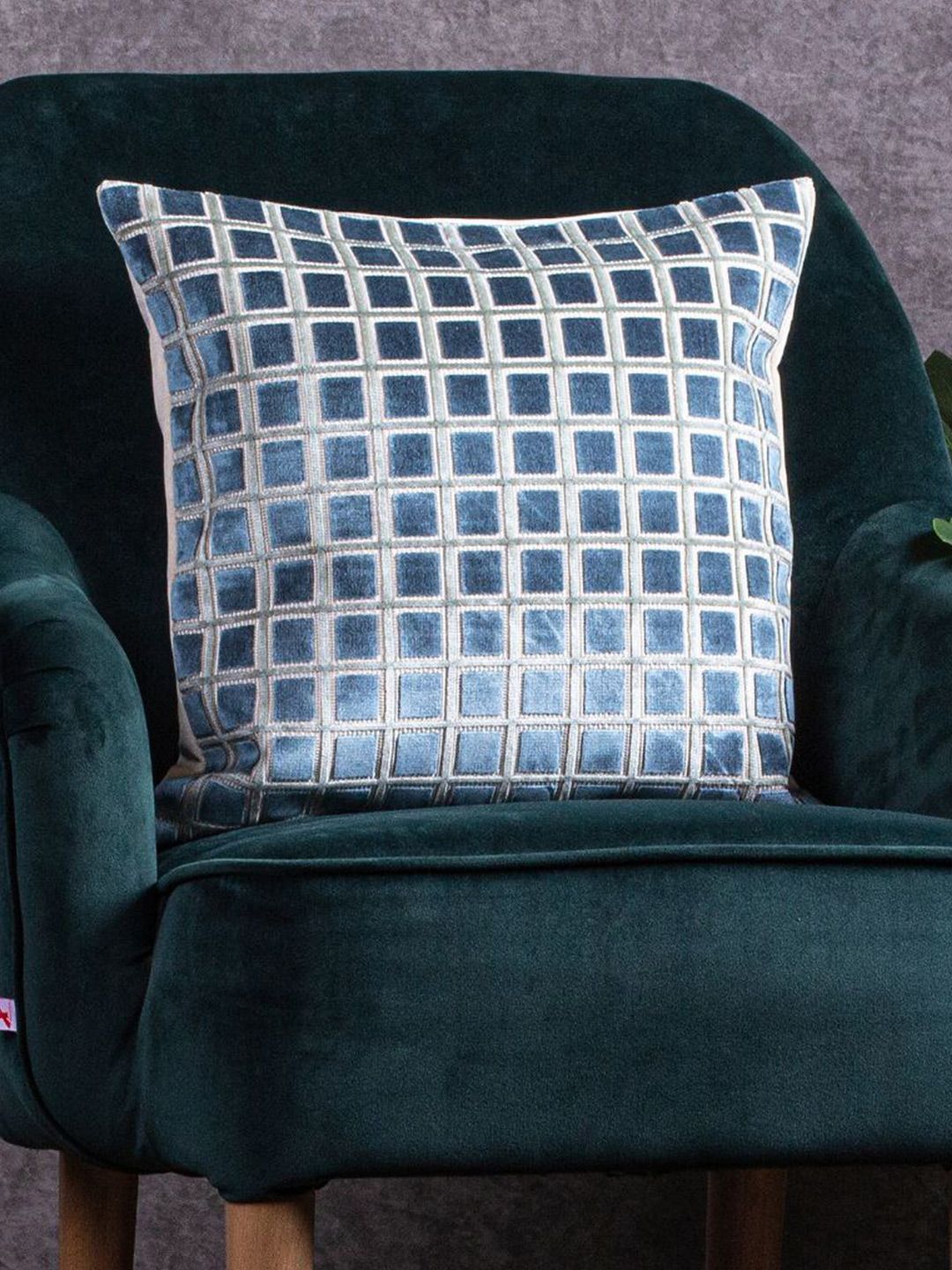 Just Home Teal & White Checked Jacquard Velvet Square Cushion Cover Price in India