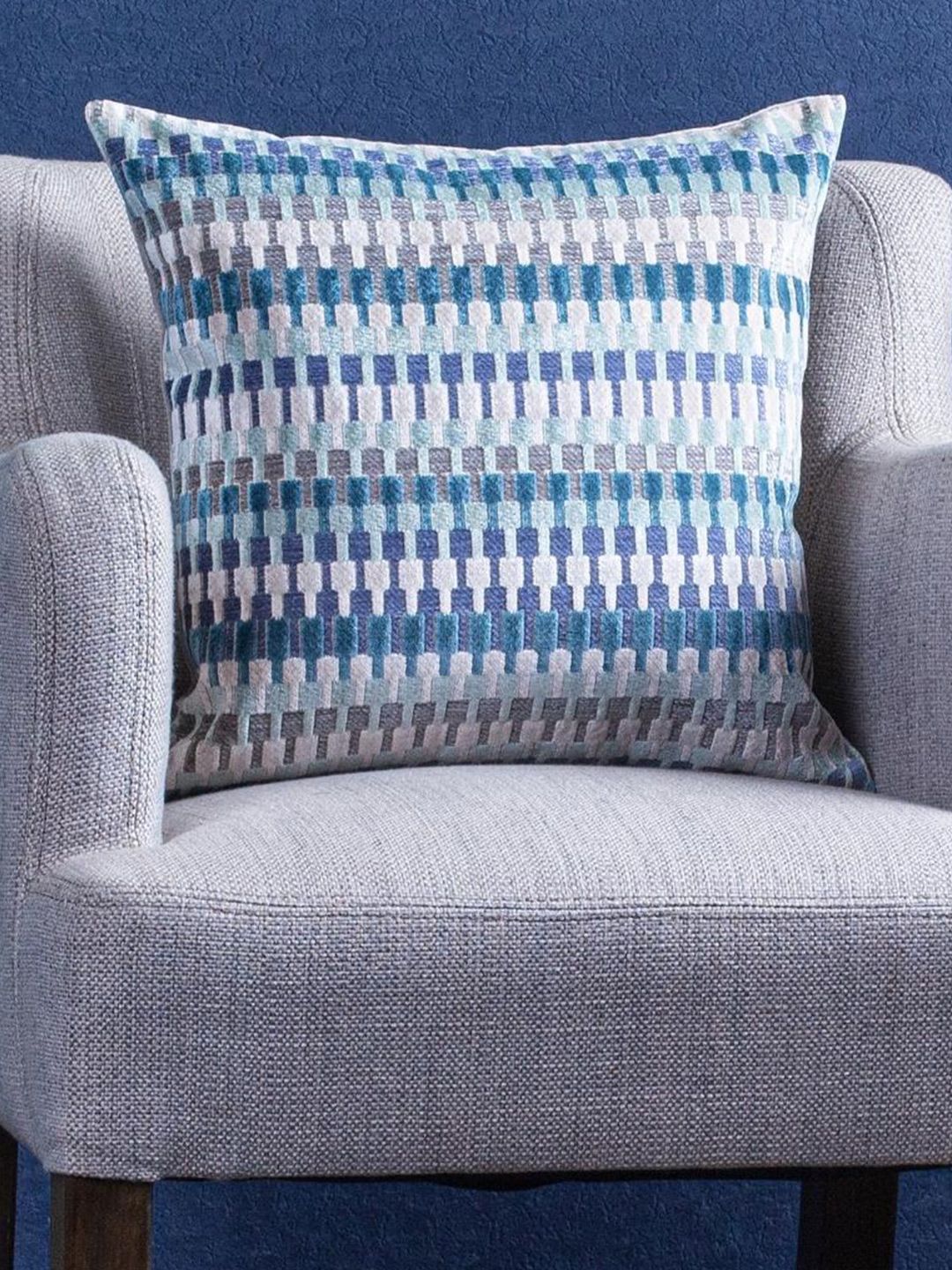 Just Home Teal & Grey Geometric Jacquard Velvet Square Cushion Cover Price in India