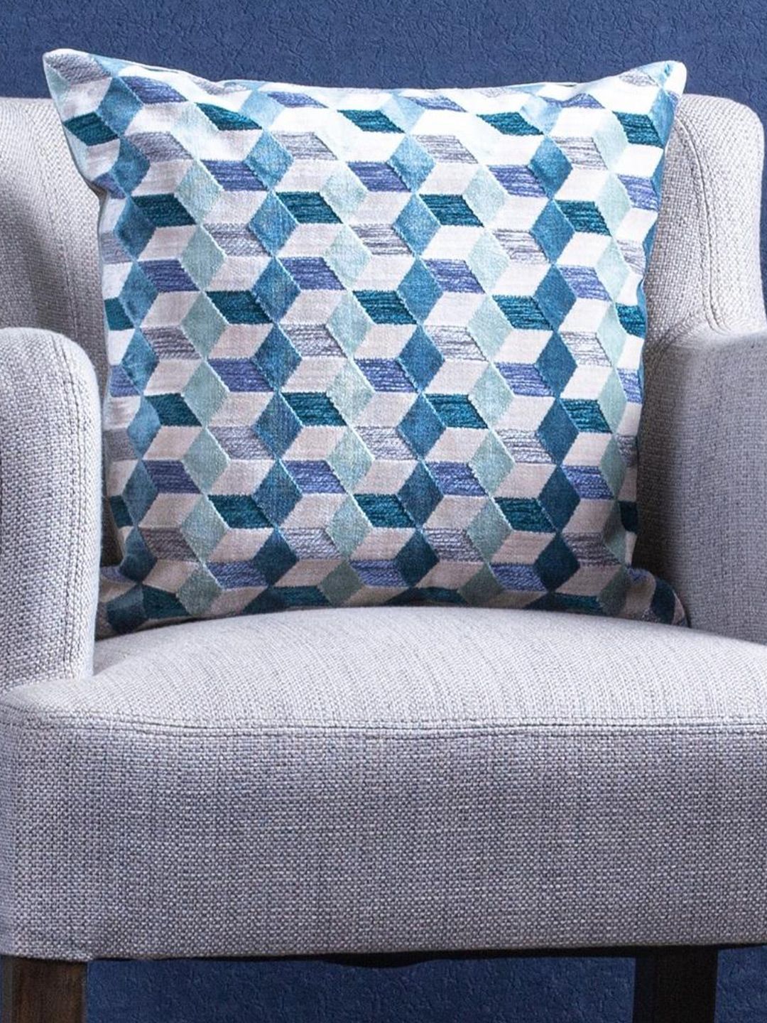 Just Home Teal & Blue Geometric Jacquard Velvet Square Cushion Cover Price in India