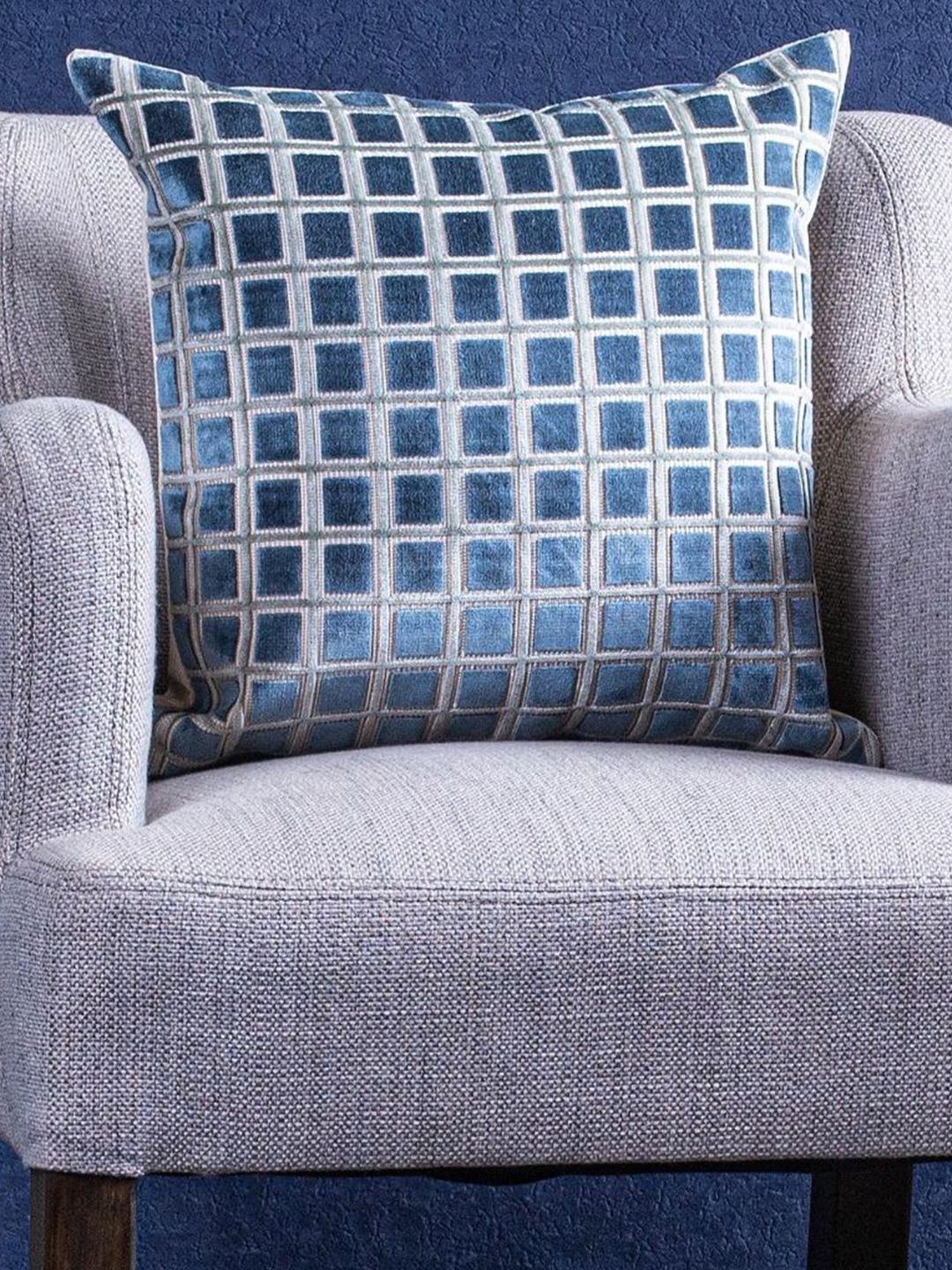 Just Home Teal & White Checked Jacquard Velvet Square Cushion Cover Price in India