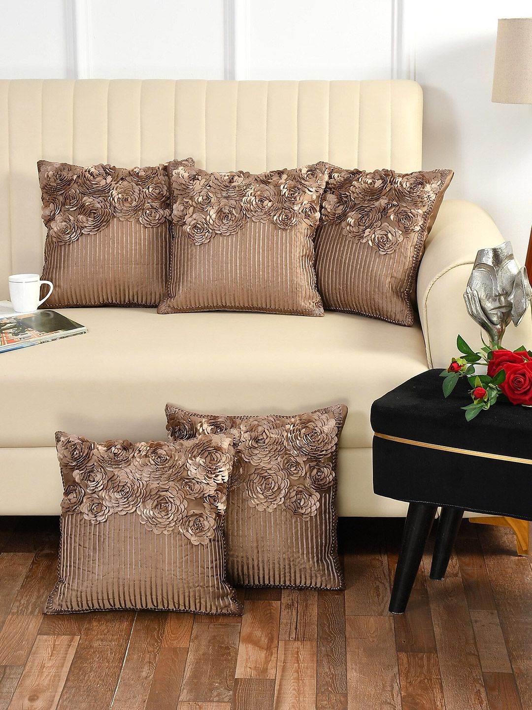 Bajo's Pack of 5 Bronze-Toned Embellished Square Cushion Covers Price in India