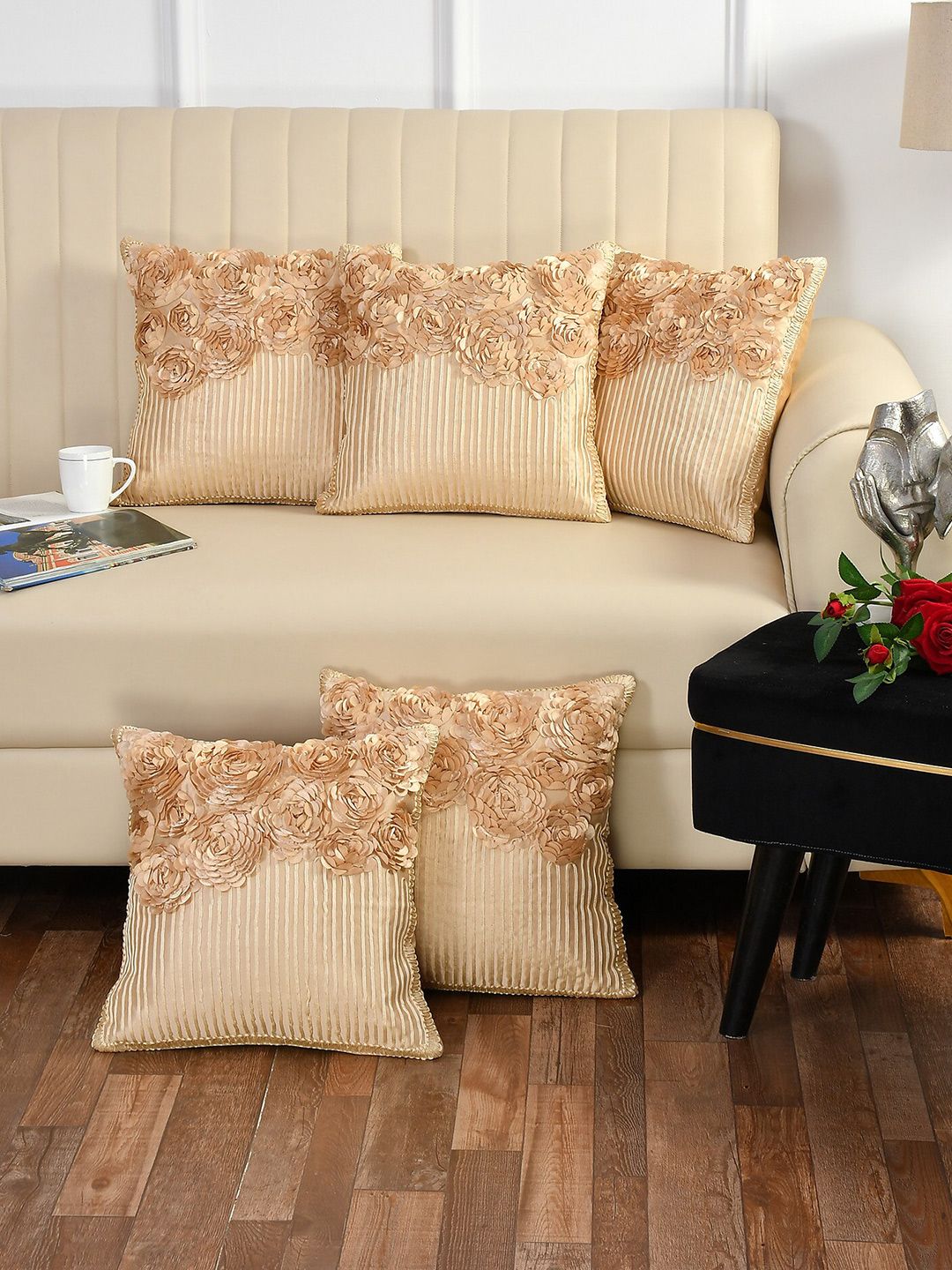 Bajo's Pack of 5 Beige Embellished Square Cushion Covers Price in India