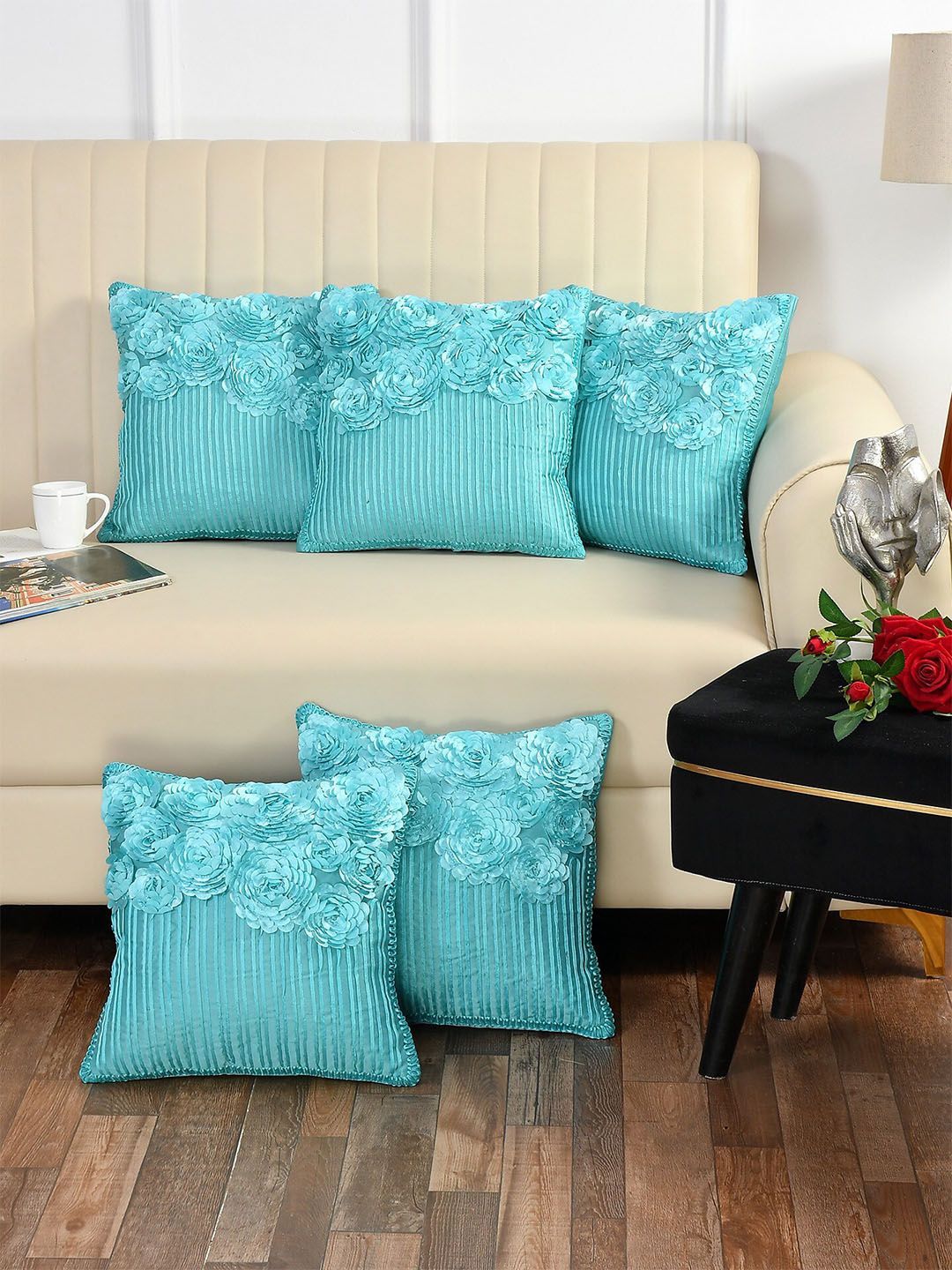 Bajo's Pack of 5 Turquoise Blue Embellished Square Cushion Covers Price in India