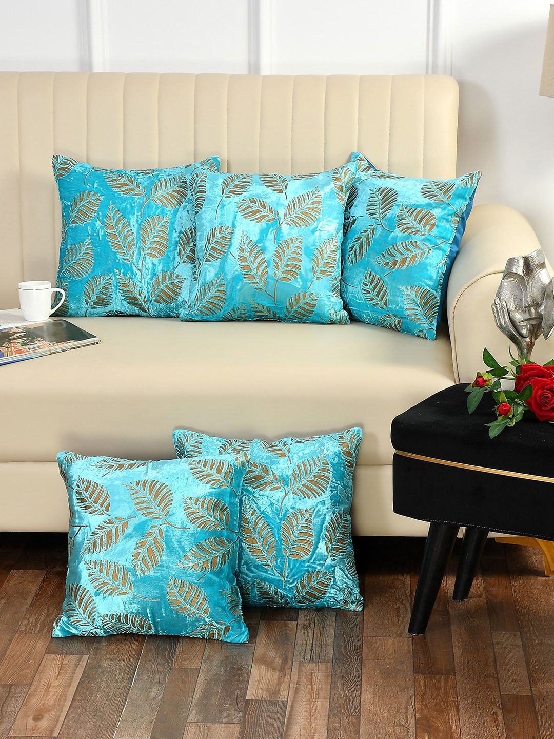 Bajo's Pack of 5 Turquoise Blue & Brown Floral Square Cushion Covers Price in India