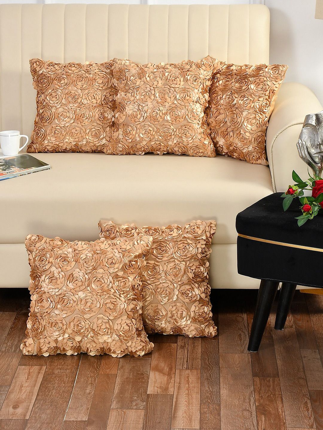 Bajo's Pack of 5 Beige Floral Square Cushion Covers Price in India