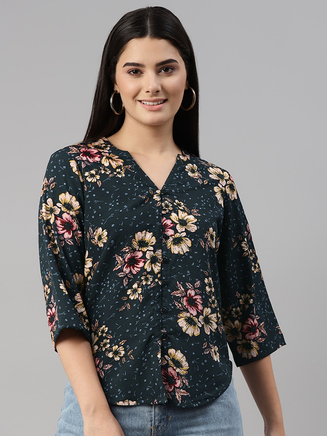 Ayaany Navy Blue & Pink Floral Print Mandarin Collar Crepe Shirt Style Top Price in India