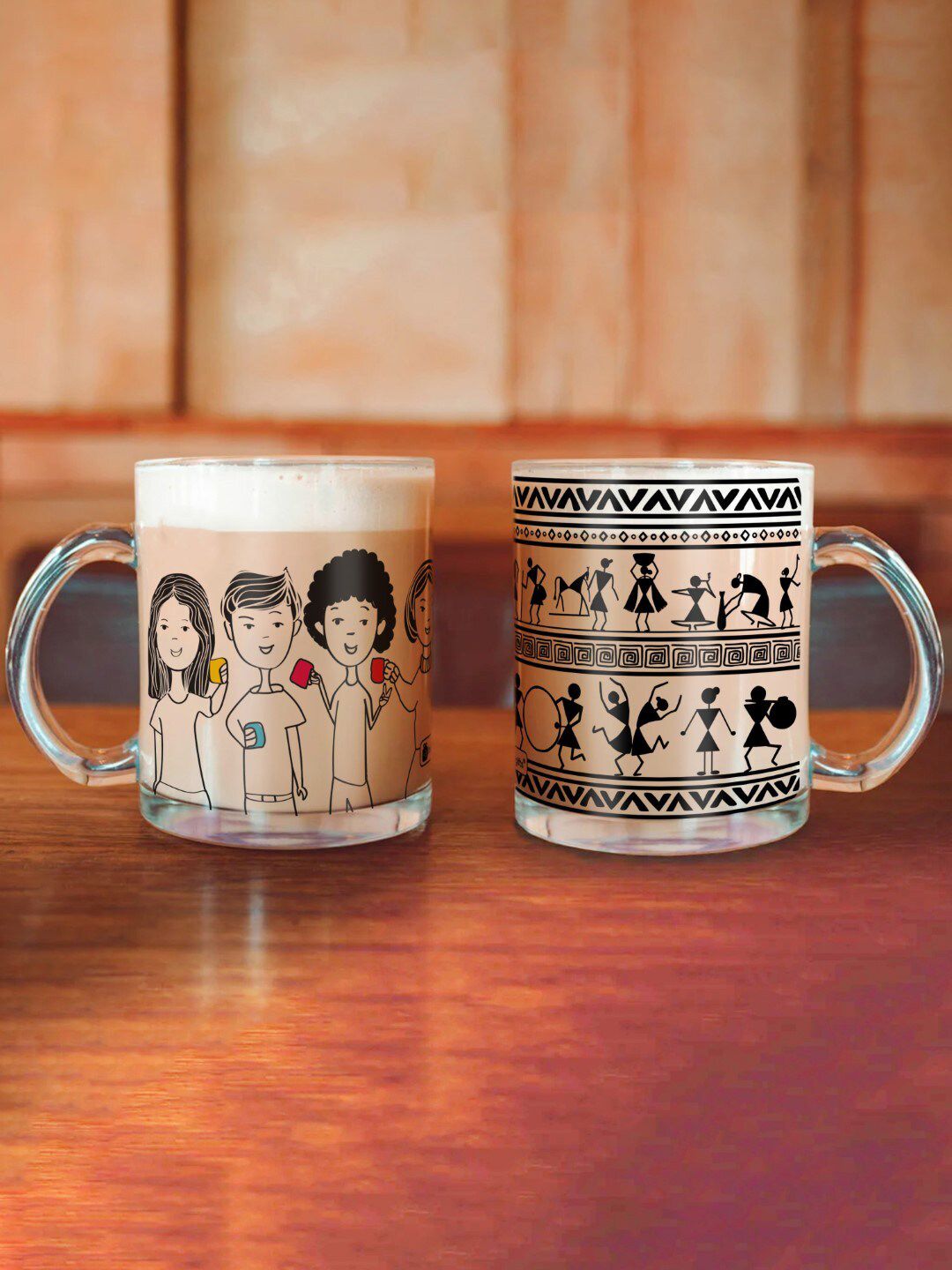 Indigifts Pack of 2 Transparent & Black Printed Glass Mugs Price in India