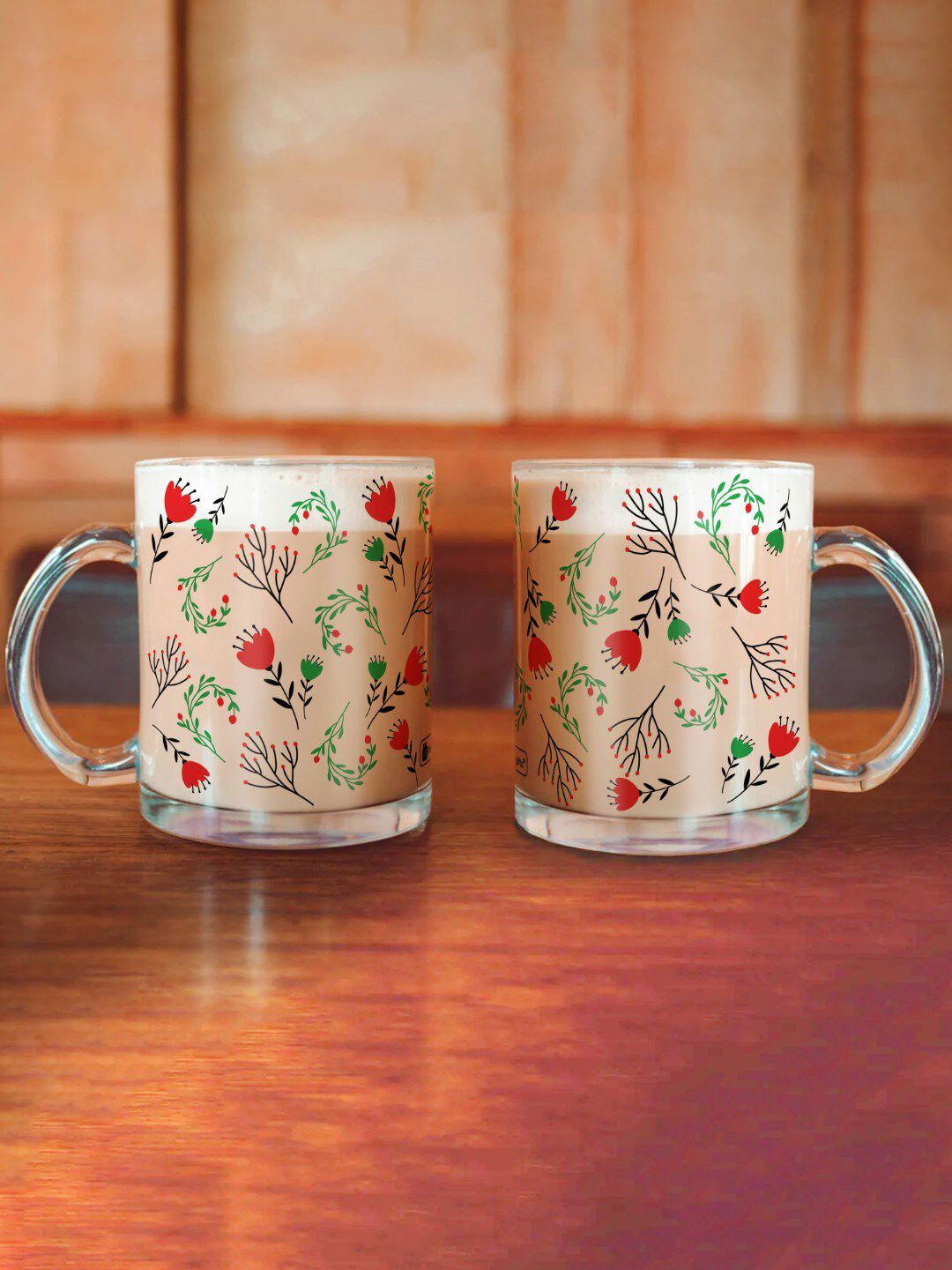 Indigifts Pack of 2 Transparent & Red Floral Printed Glass Transparent Mugs Price in India