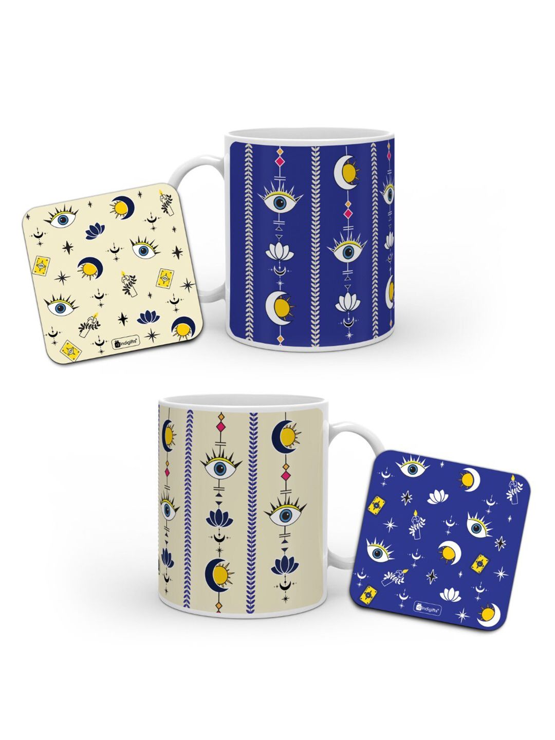 Indigifts 4 Pieces Blue & Beige Printed Ceramic Glossy Mugs & Coster Set Price in India