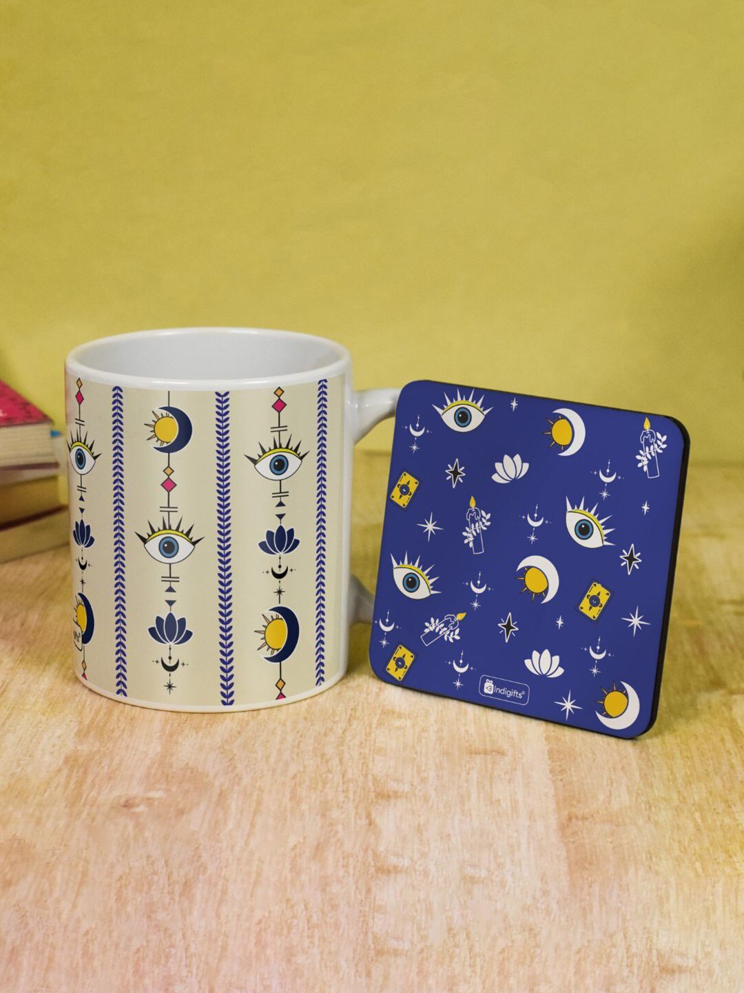 Indigifts 2 Pieces Beige & Blue Printed Ceramic Glossy Mug & Coaster Set Price in India