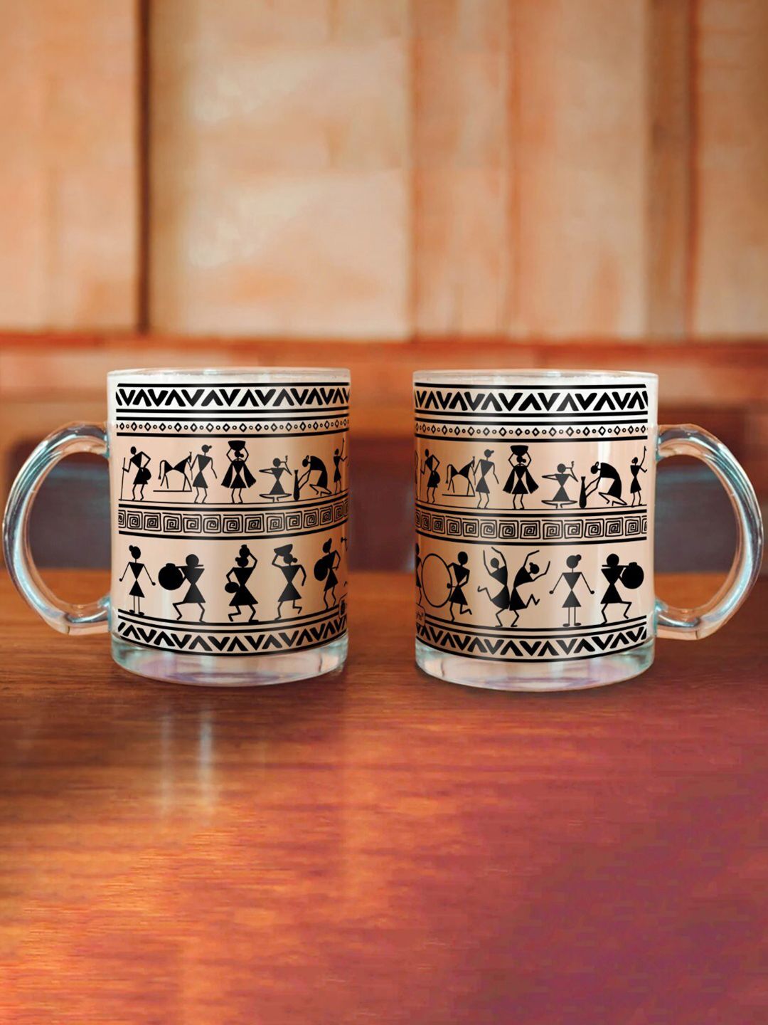 Indigifts Pack of 2 Transparent & Black Printed Glass Transparent Mugs Price in India