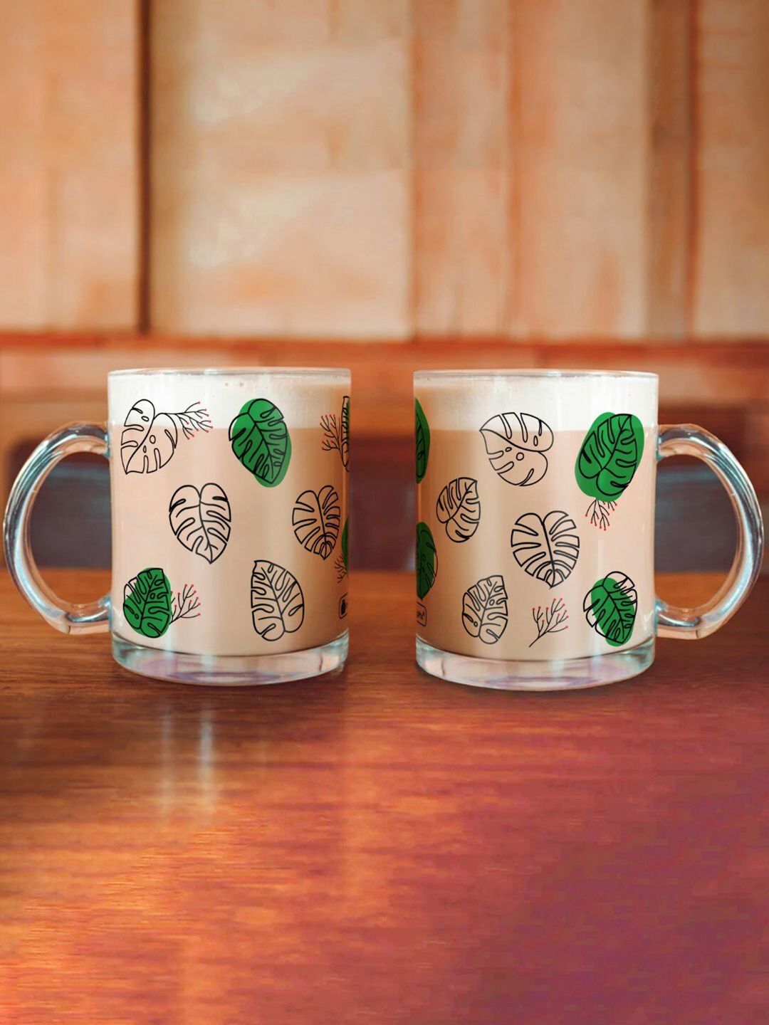 Indigifts Pack of 2 Transparent & Green Printed Glass Mugs Price in India