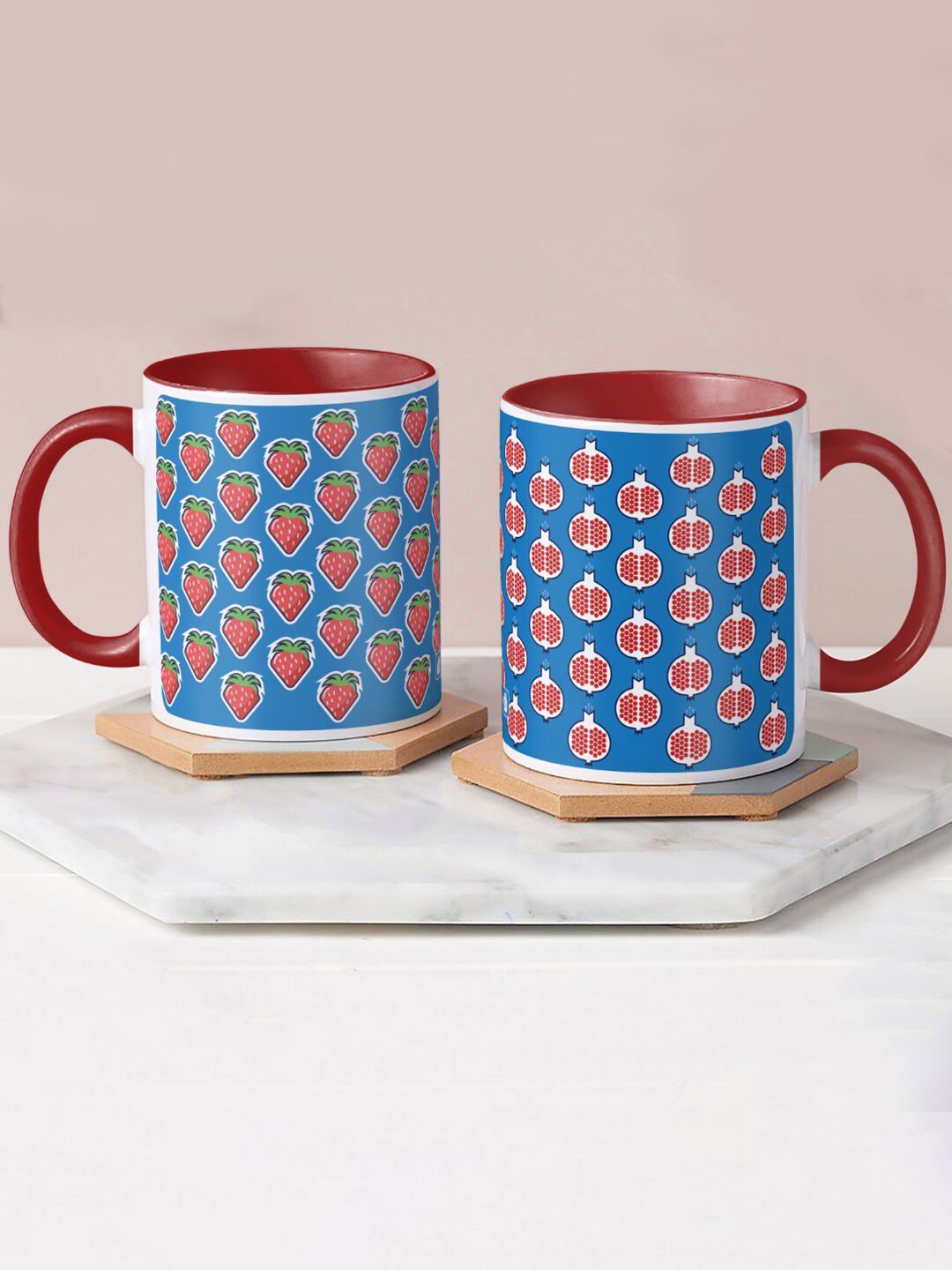 Indigifts Pack of 2 Blue & Red Printed Ceramic Glossy Mugs Price in India