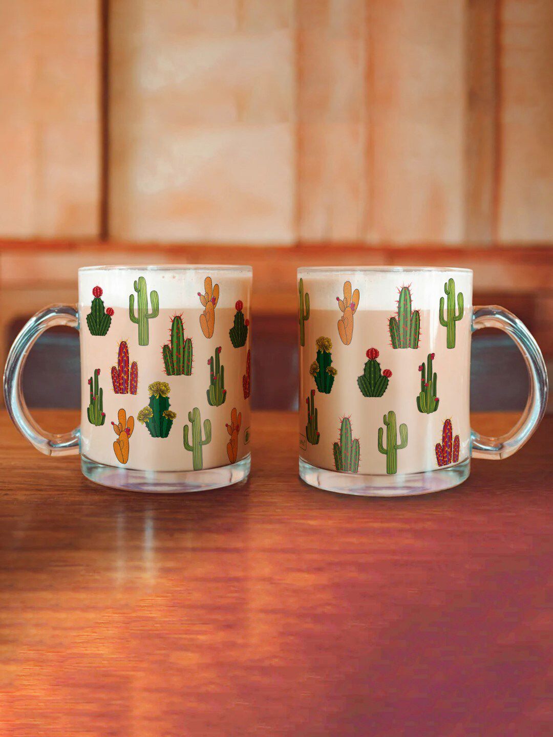 Indigifts Pack of 2 Transparent & Green Printed Glass Mugs Price in India