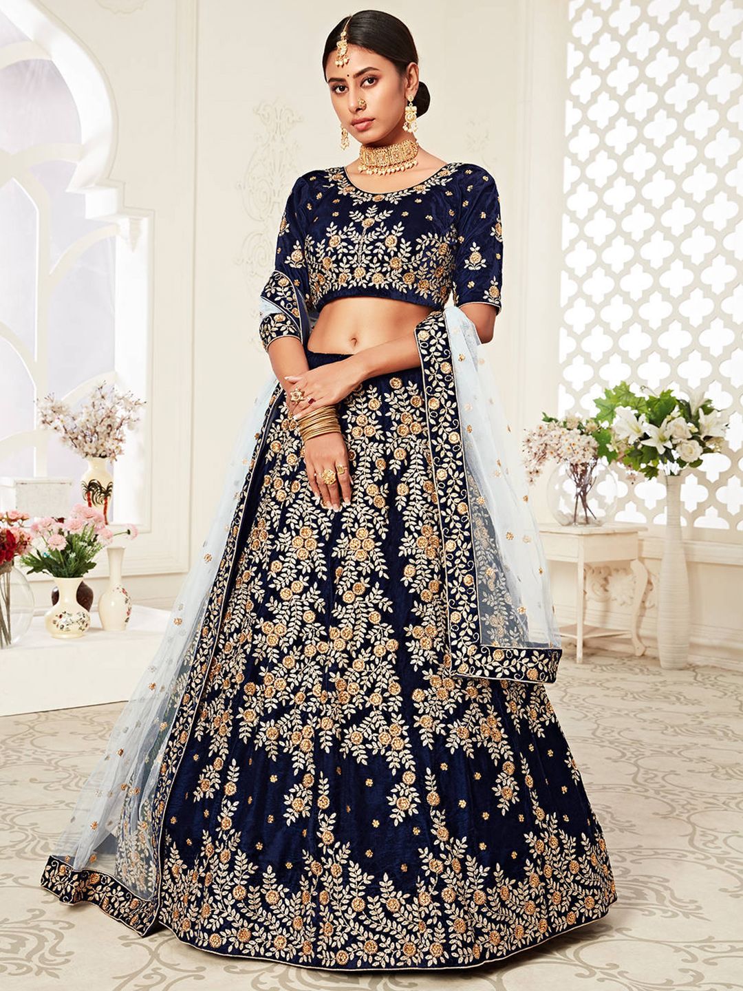 FABPIXEL Navy Blue Embroidered Beads and Stones Kalamkari Semi-Stitched Lehenga & Unstitched Blouse With Price in India