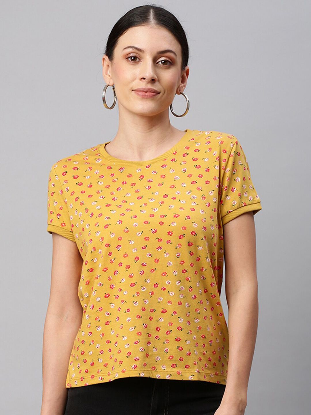 Chemistry Women Mustard Yellow & Red Pure Cotton Floral Print Top Price in India