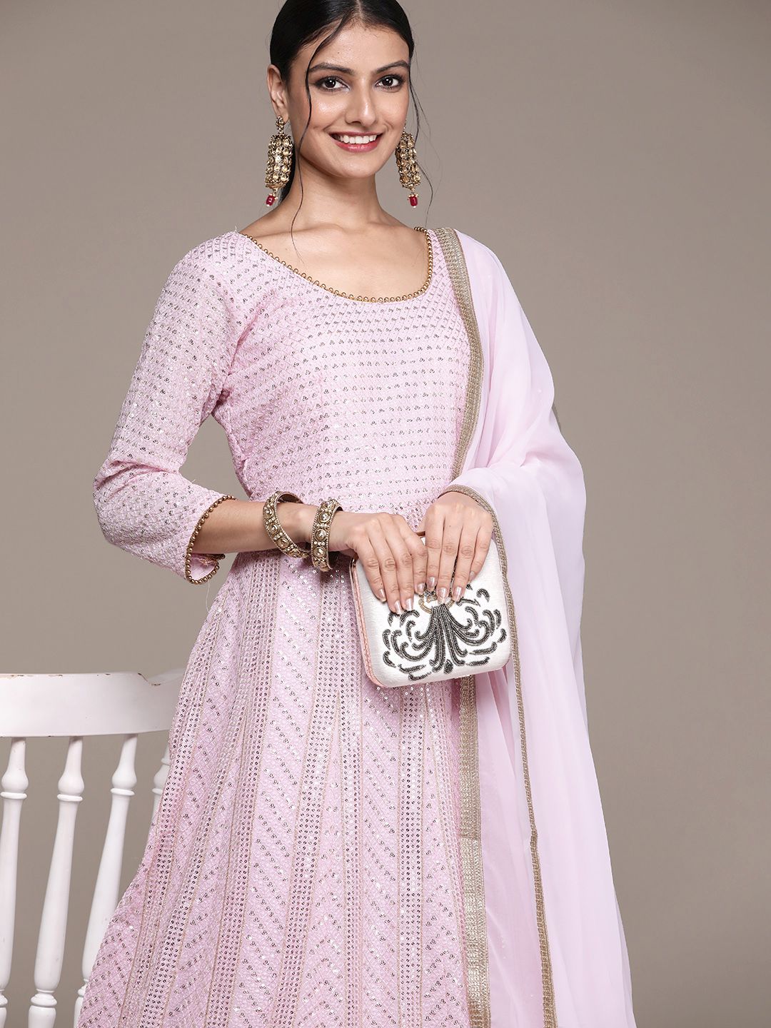 SAARYA Pink Georgette Embroidered Ethnic Gown With Dupatta Price in India