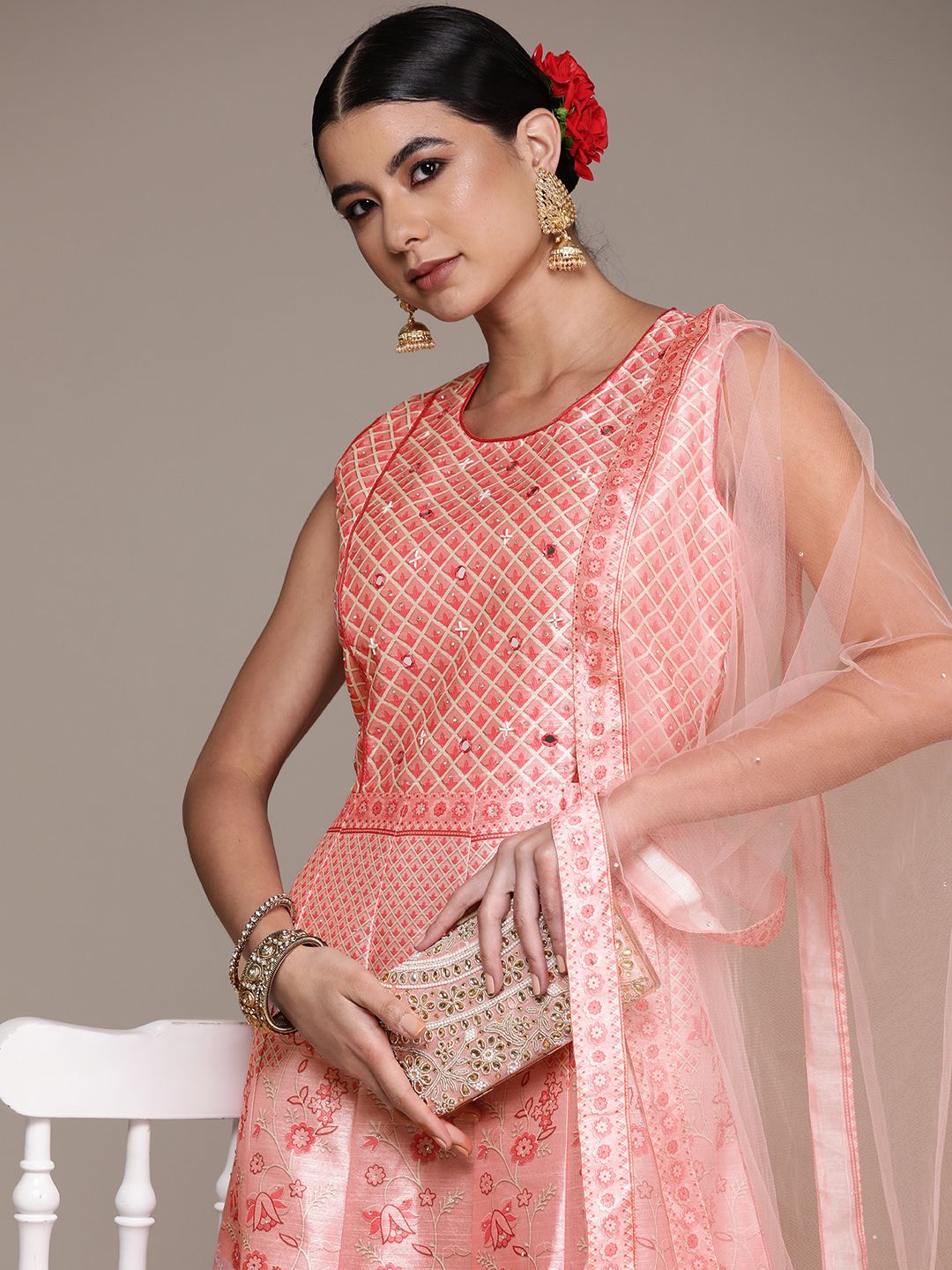 SAARYA Peach-Coloured Floral Silk Embroidered Ethnic Gown With Dupatta Price in India