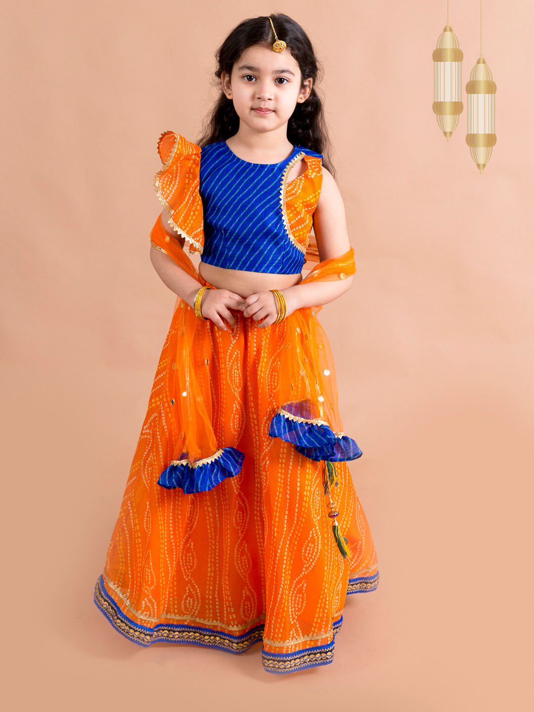 pspeaches Girls Orange & Blue Printed Ready to Wear Lehenga Choli Price in India