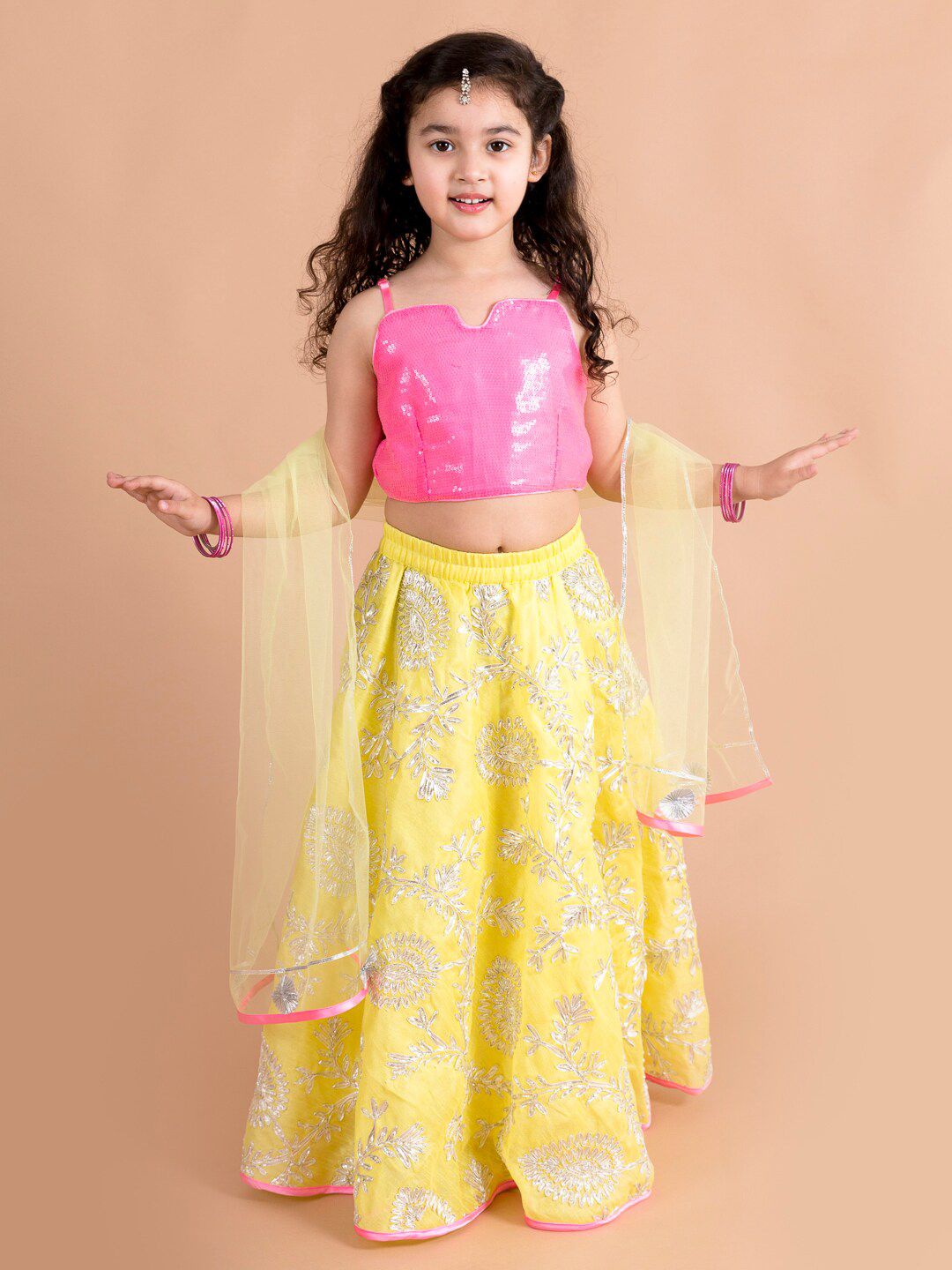 pspeaches Girls Yellow & Pink Embellished Sequinned Ready to Wear Lehenga & Blouse With Dupatta Price in India