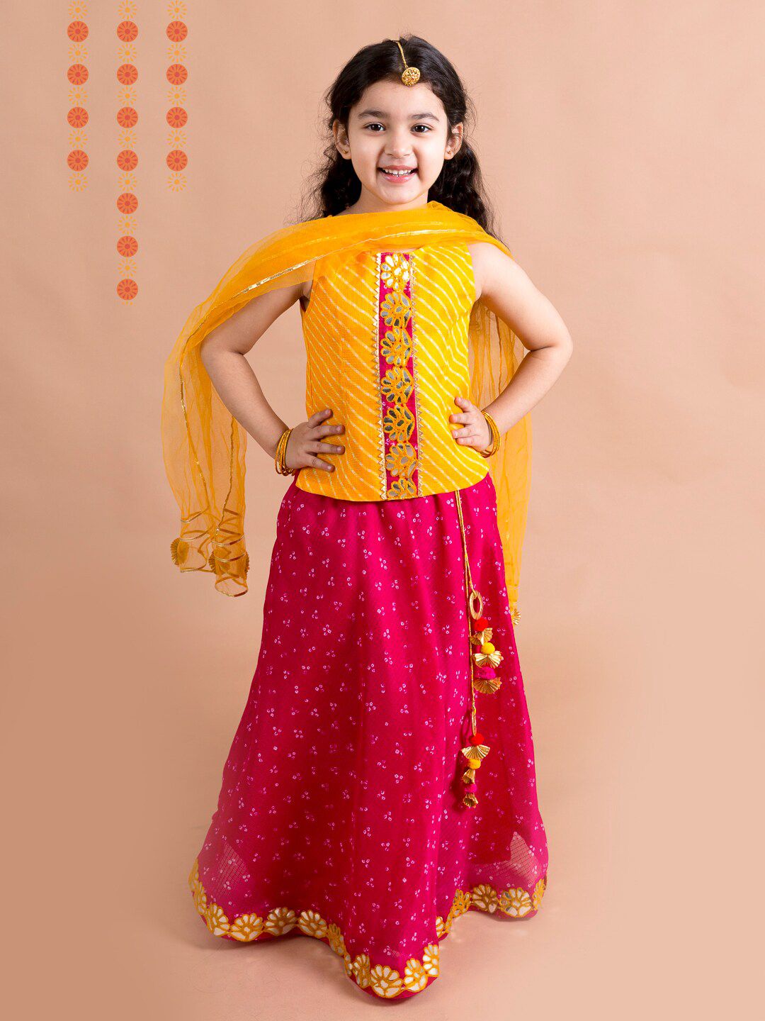 pspeaches Girls Magenta & Yellow Embroidered Ready to Wear Lehenga & Blouse With Dupatta Price in India