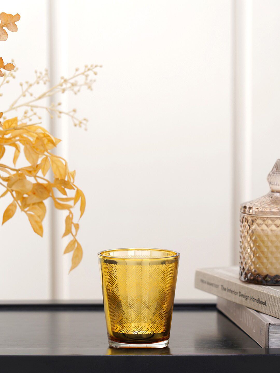 Pure Home and Living Set Of 2 Gold-Toned Printed Glass Tumbler Price in India