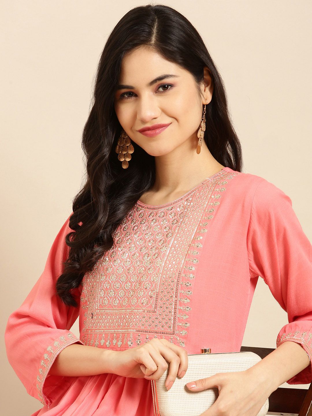 SHOWOFF Peach-Coloured Yoke Design Sequinned Anarkali Kurti Price in India