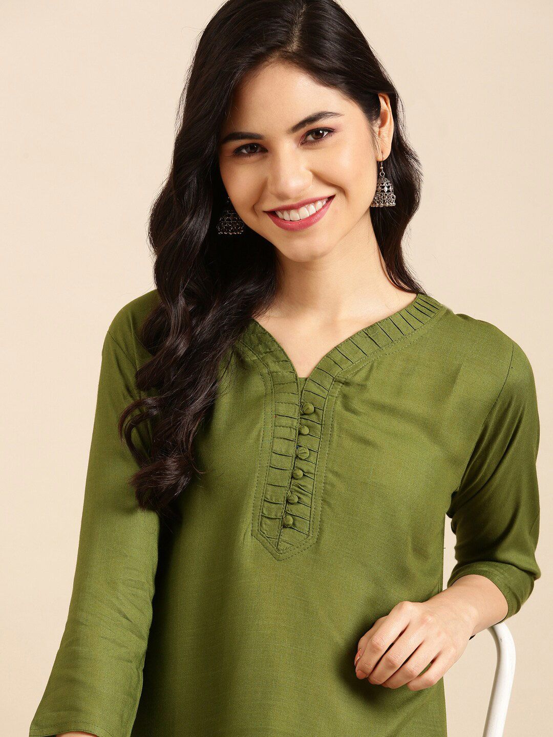 SHOWOFF Green V-Neck Solid Kurti Price in India