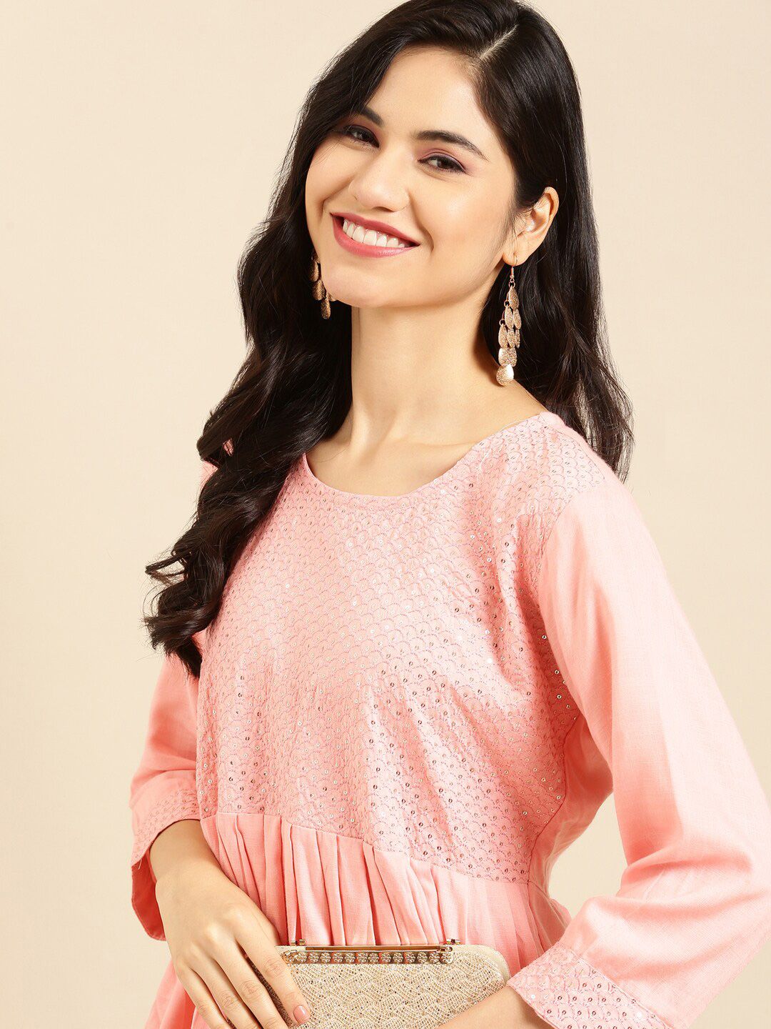 SHOWOFF Peach-Coloured Ethnic Motifs Embroidered Sequinned A-Line Kurti Price in India