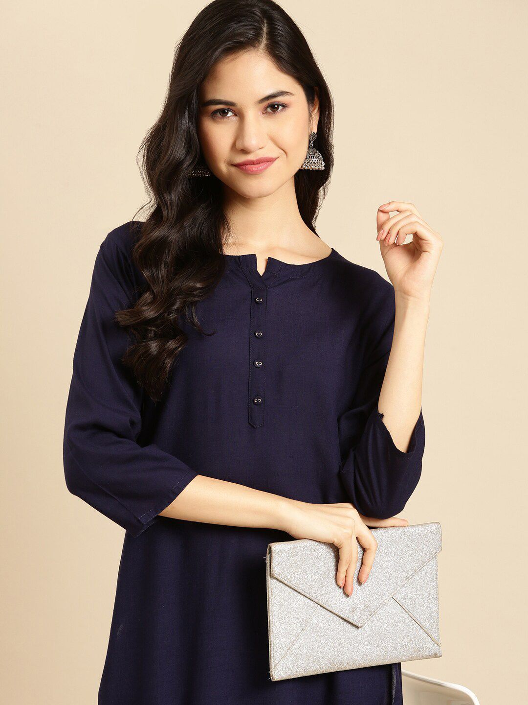 SHOWOFF Women's Round Neck Navy Blue Solid Straight Three-Quarter Sleeves Kurti Price in India