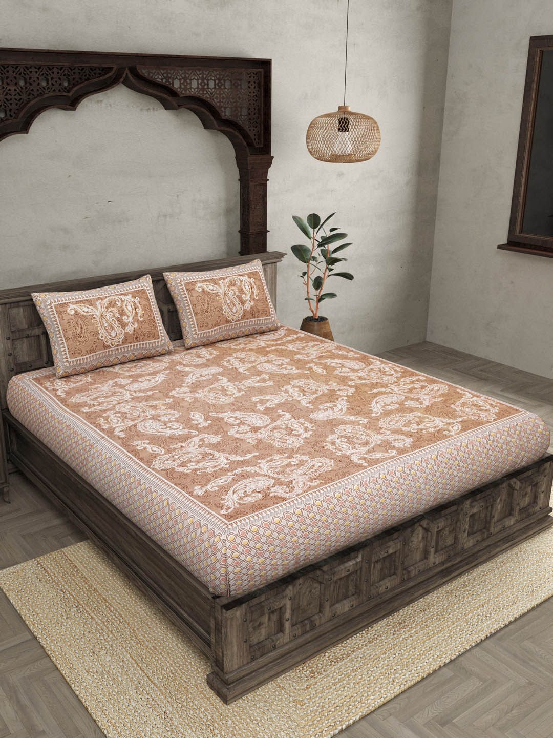 JAIPUR FABRIC Brown & White Ethnic Pure Cotton 180 TC Queen Bedsheet with 2 Pillow Covers Price in India
