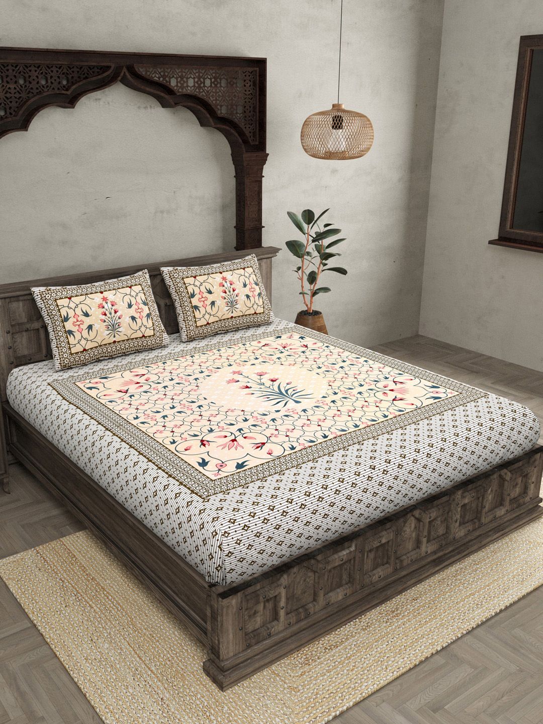 JAIPUR FABRIC Peach & Grey Floral Pure Cotton 180 TC Queen Bedsheet with 2 Pillow Covers Price in India