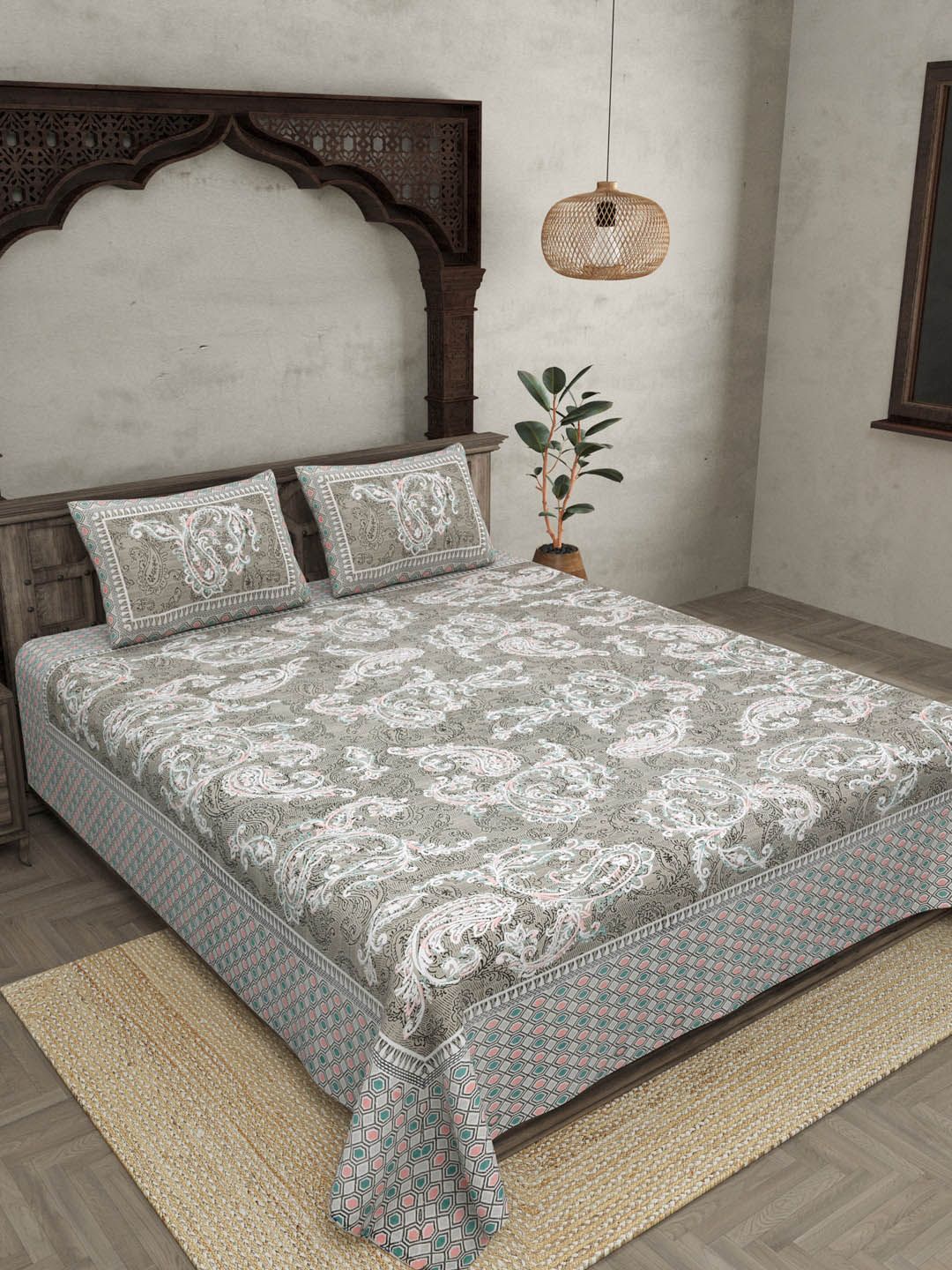 JAIPUR FABRIC Grey & White Ethnic Pure Cotton 180 TC Queen Bedsheet with 2 Pillow Covers Price in India