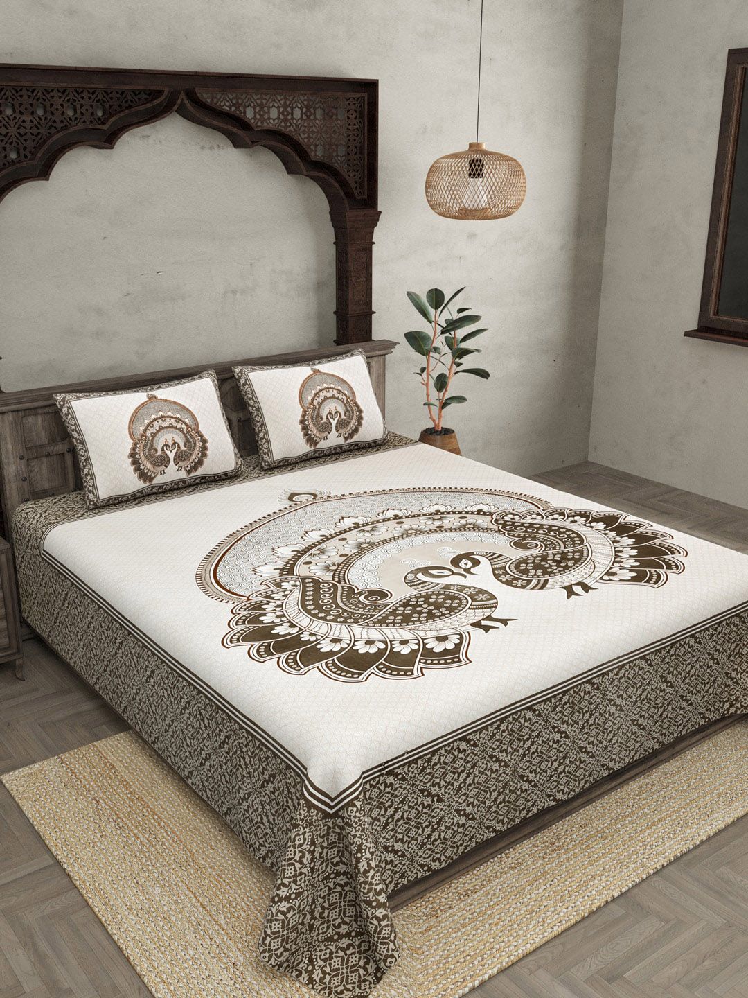 JAIPUR FABRIC White & Grey Ethnic Motifs 180 TC Queen Bedsheet with 2 Pillow Covers Price in India