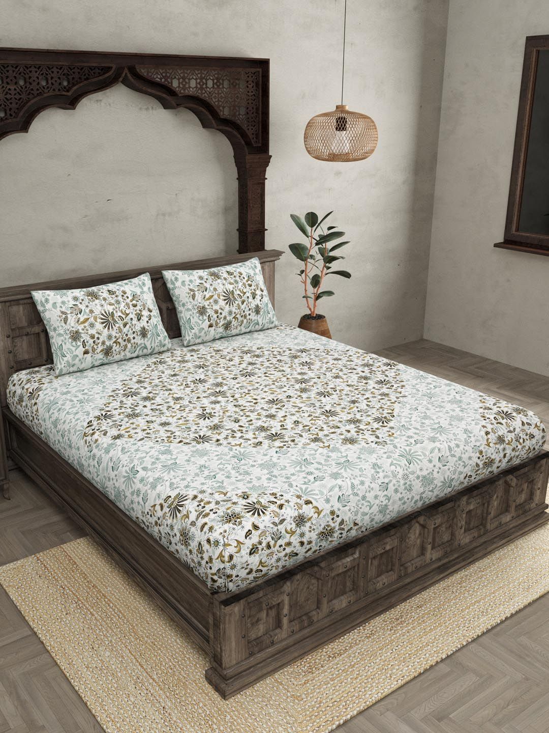 JAIPUR FABRIC Green & Blue Ethnic Pure Cotton 180 TC Queen Bedsheet with 2 Pillow Covers Price in India