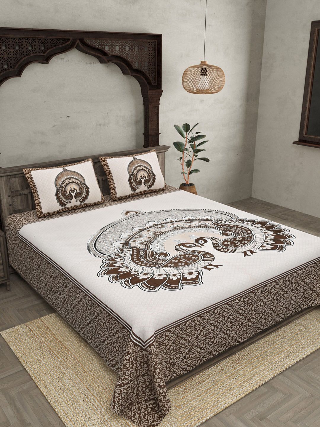 JAIPUR FABRIC Beige & Brown Ethnic Pure Cotton 180 TC Queen Bedsheet with 2 Pillow Covers Price in India