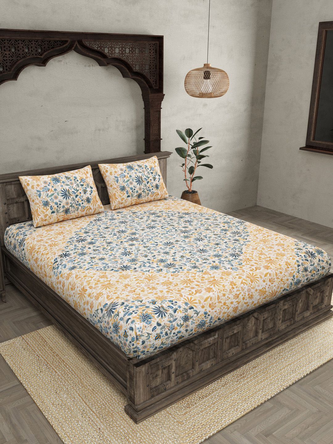 JAIPUR FABRIC Blue & Mustard Floral Pure Cotton 180 TC Queen Bedsheet with 2 Pillow Covers Price in India