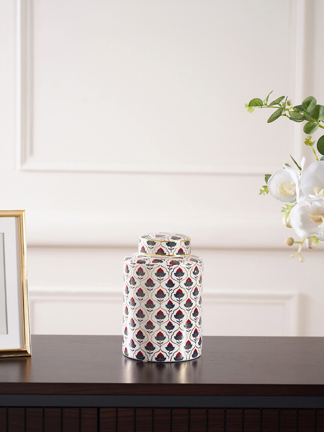 Pure Home and Living White & Red Floral Printed Ceramic Canister Price in India