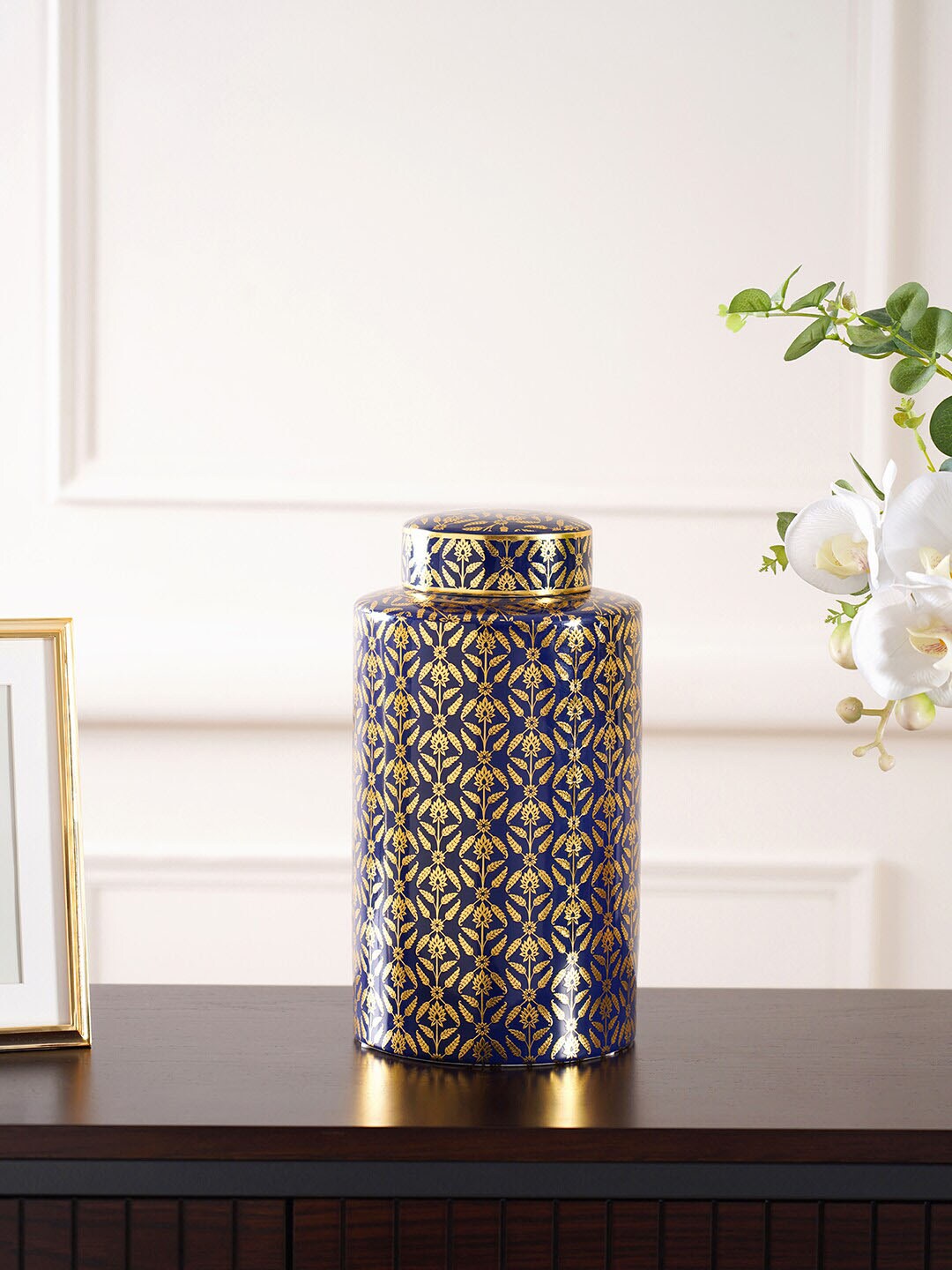 Pure Home and Living  Blue & Gold-Toned Printed Large Ceramic Canisters Price in India