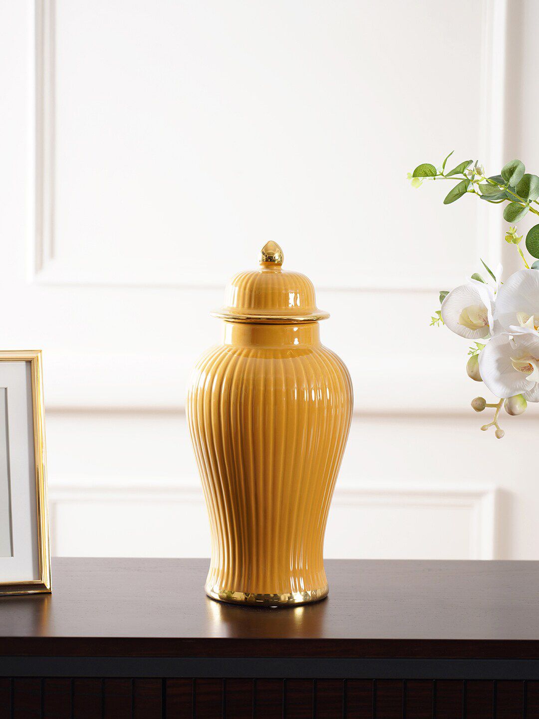 Pure Home and Living Mustard Yellow Small Velvety Urn Price in India