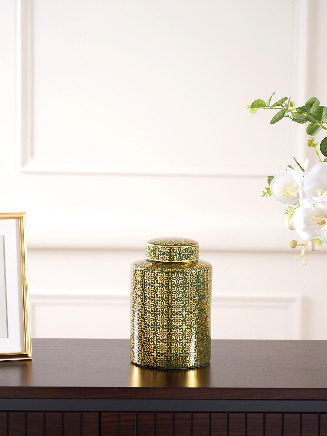 Pure Home and Living Green & Gold-Colored Printed Ceramic Canister Price in India