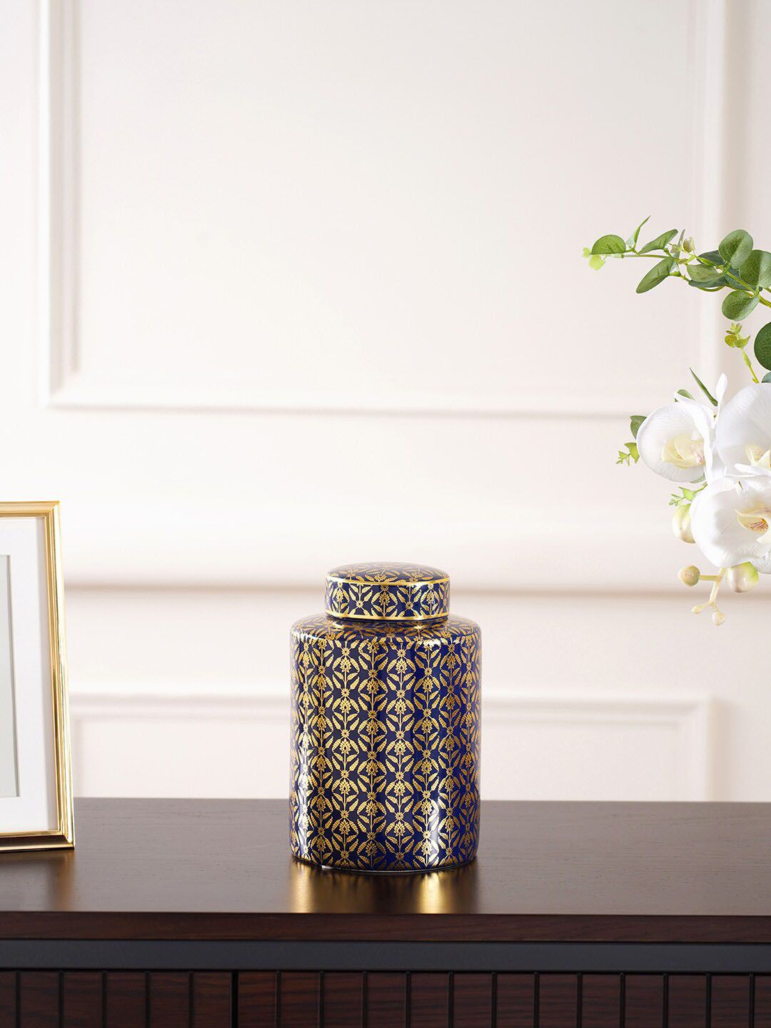 Pure Home and Living Blue Printed Ceramic Small Canister Price in India