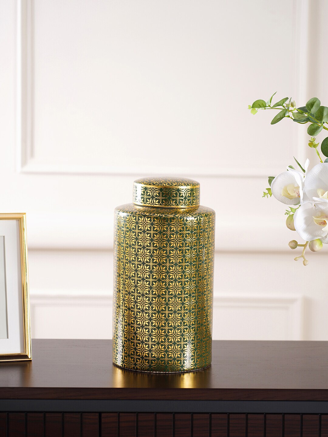 Pure Home and Living Green & Gold-Colored Printed Ceramic Canister Price in India