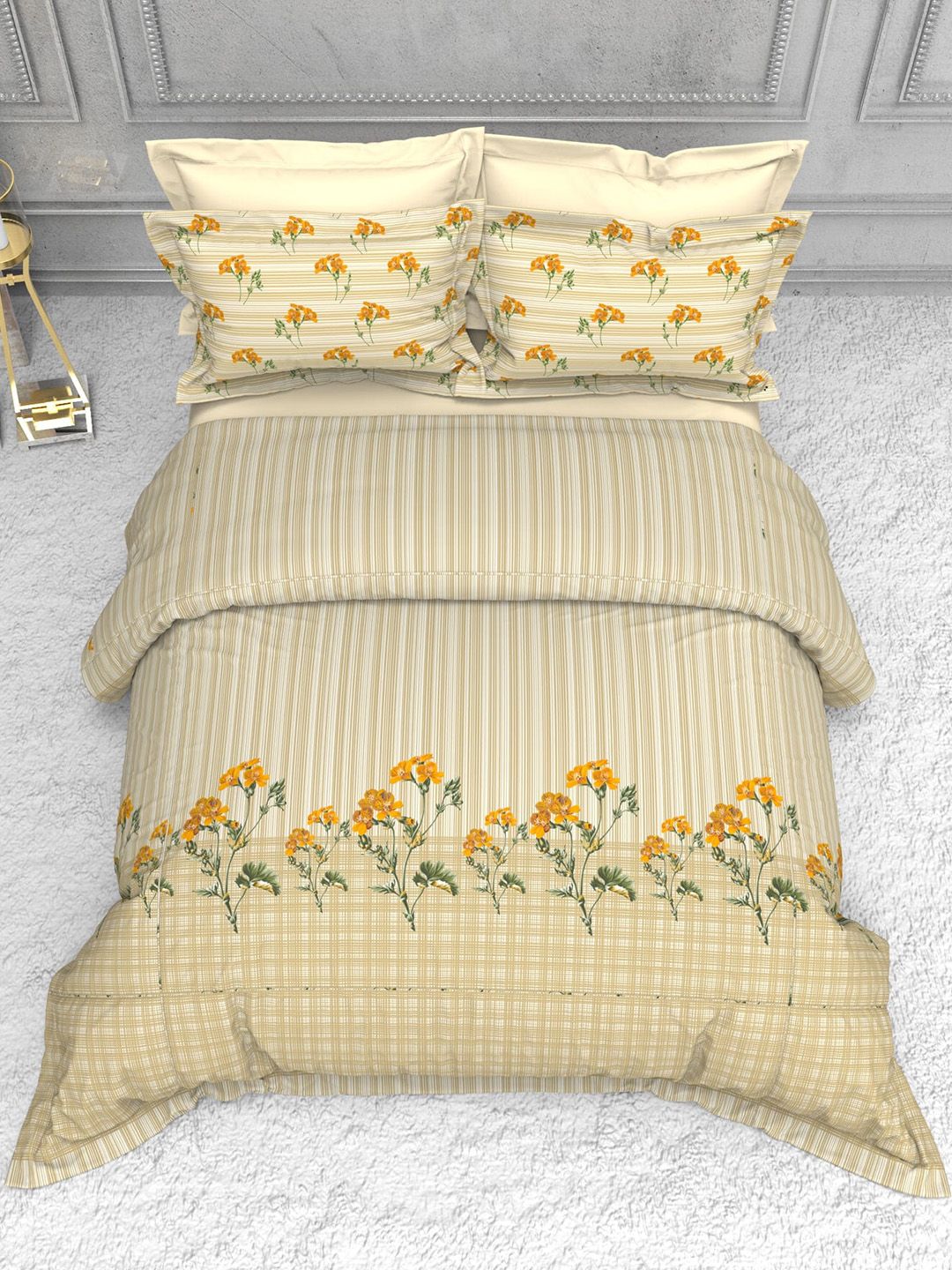 THE WHITE MOSS Beige & Yellow Floral 100% Cotton 220 TC King Bedsheet with 2 Pillow Covers Price in India