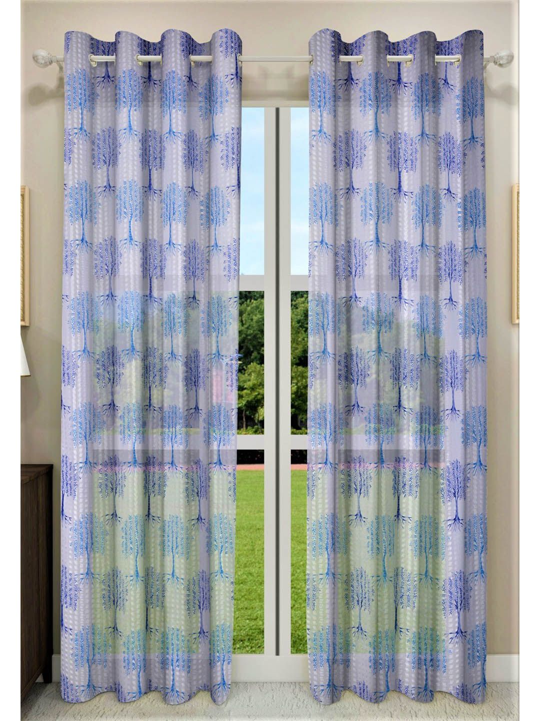 Home Sizzler Pack of 2 Blue & White Floral Sheer Window Curtains Price in India