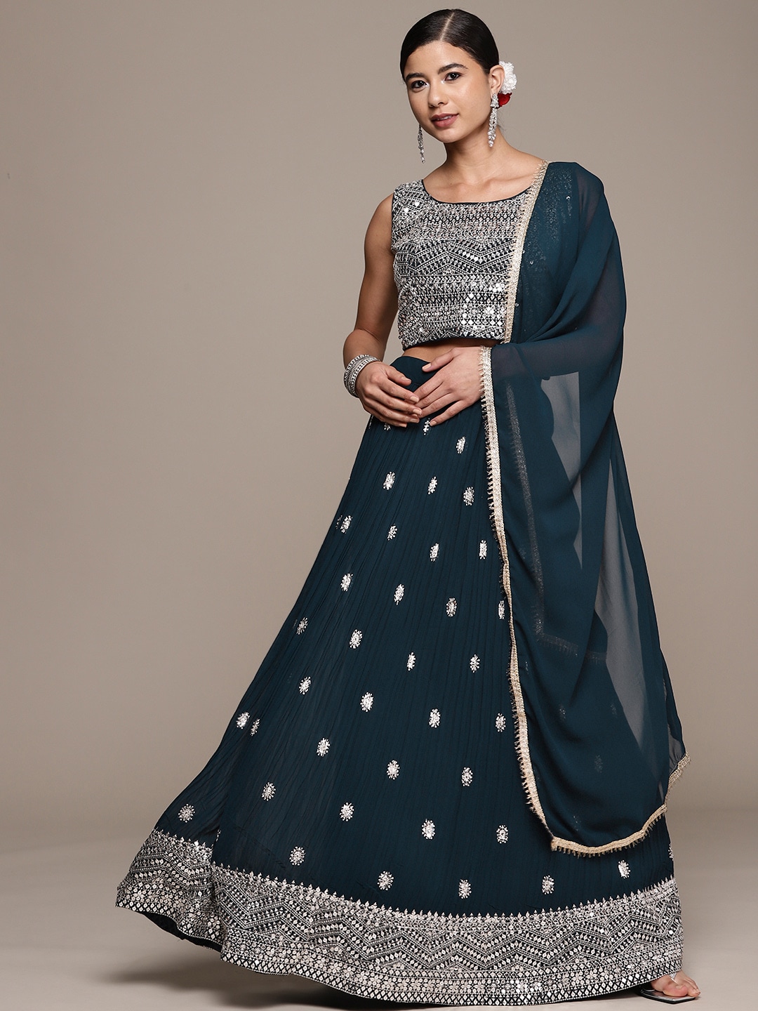 SAARYA Navy Blue Embroidered Sequinned Ready to Wear Lehenga & Blouse With Dupatta Price in India
