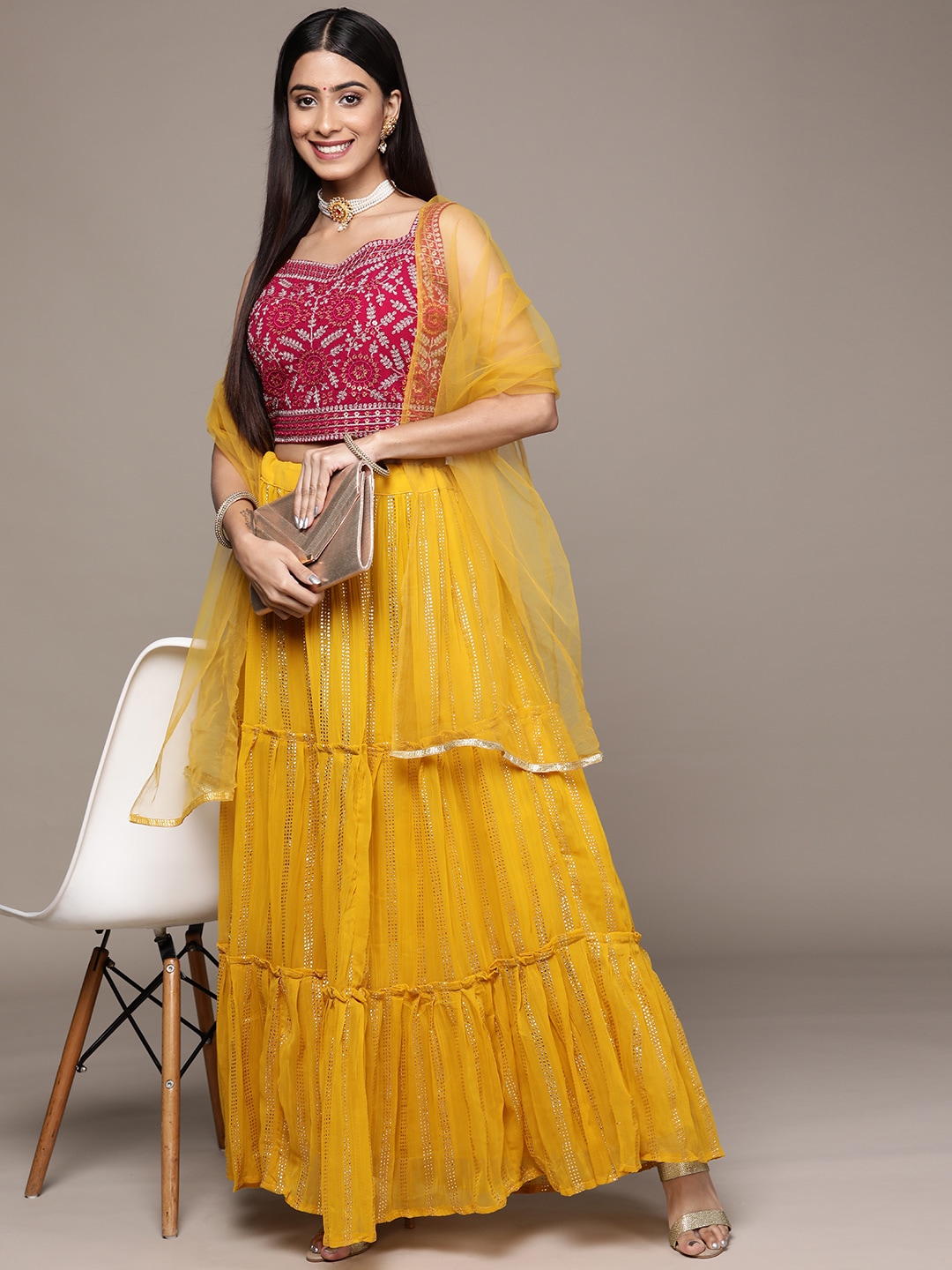 SAARYA Yellow & Red Embroidered Sequinned Ready to Wear Lehenga & Blouse With Dupatta Price in India